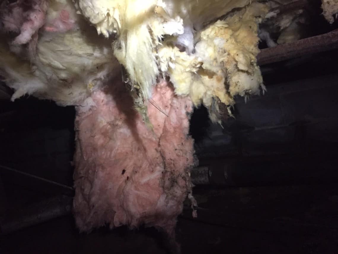 Sagging, moisture-stained fiberglass insulation falling from floor joists in a North Carolina crawl space