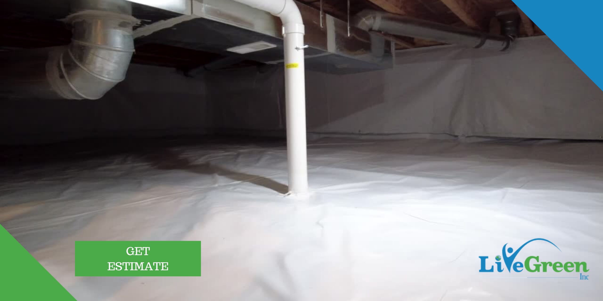 Heavy-duty vapor barrier installed across crawl space floor and walls