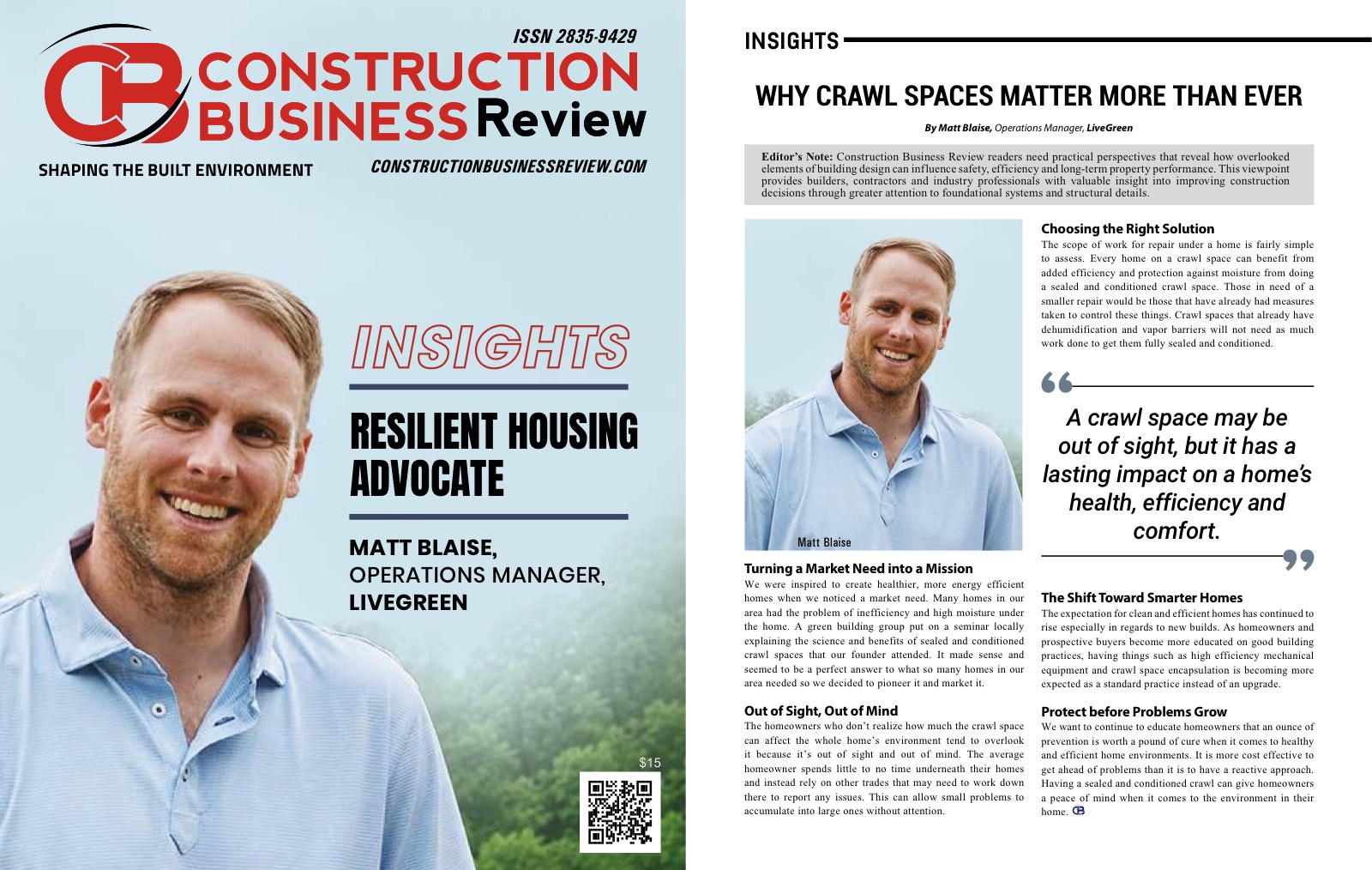 Construction Business Review reprint spread featuring Matt Blaise of LiveGreen and the article Why Crawl Spaces Matter More than Ever